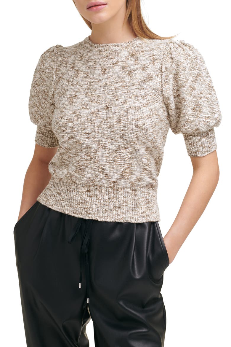 Marled Puff Sleeve Cotton Blend Sweater, Main, color, IVY/ CAPER