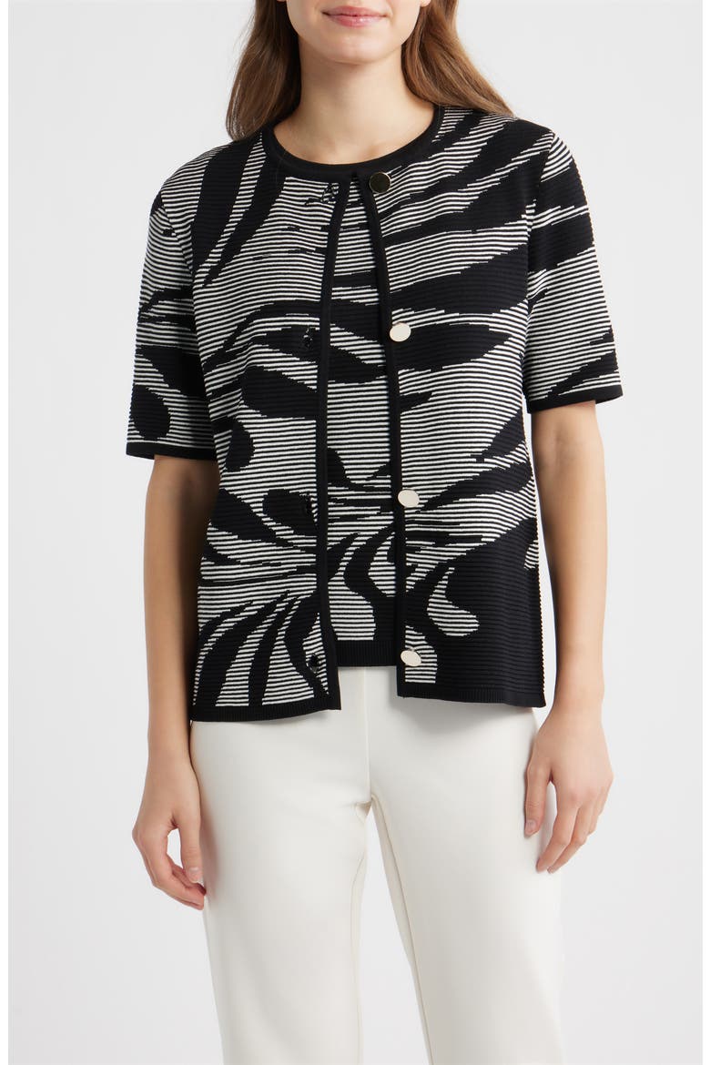 Ottoman Jacquard Short Sleeve Cardigan, Main, color, ANNE BLACK/ WHITE DOVE