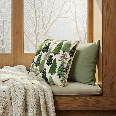 Square Cotton Slub Embroidered Pillow with Trees and French Knots