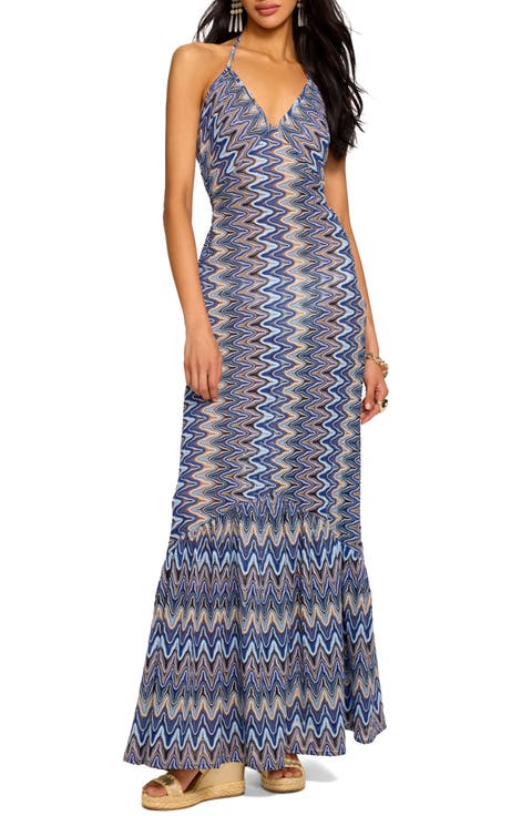 Delilah Metallic Semisheer Halter Cover-Up Maxi Dress