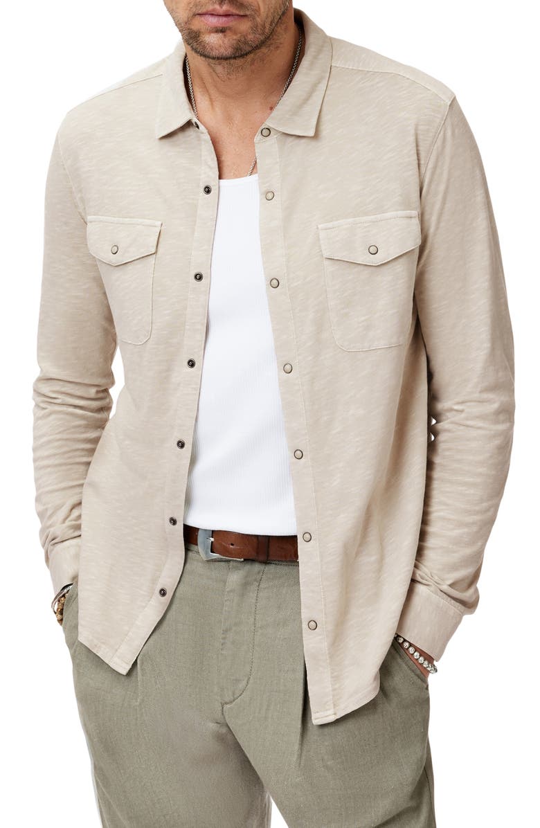 John Varvatos Avron Slub Organic Cotton Knit Snap-Up Western Shirt, Main, color, Almond