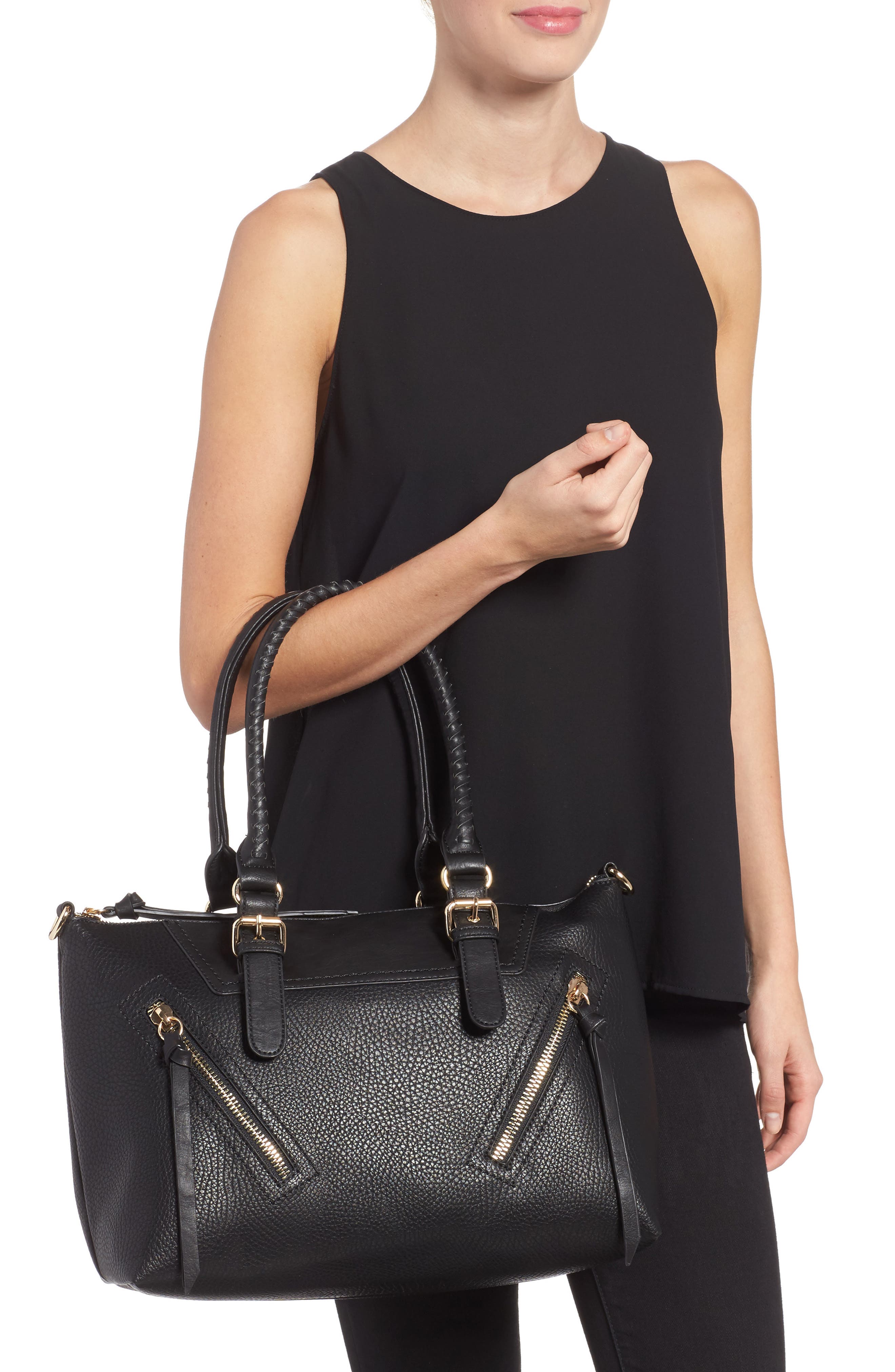 Girard Faux Leather Satchel, Alternate, color, NEW BLACK