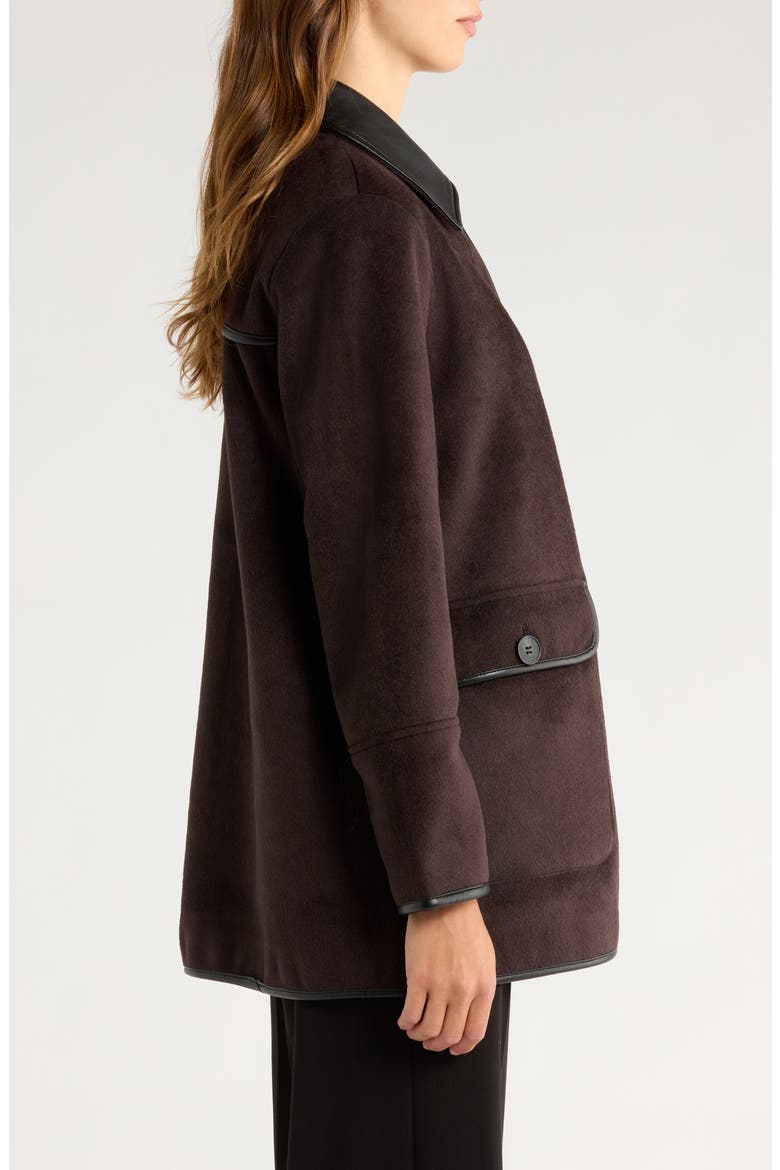Button Front Coat with Faux Leather Trim, Alternate, color, SEAL BROWN / BLACK