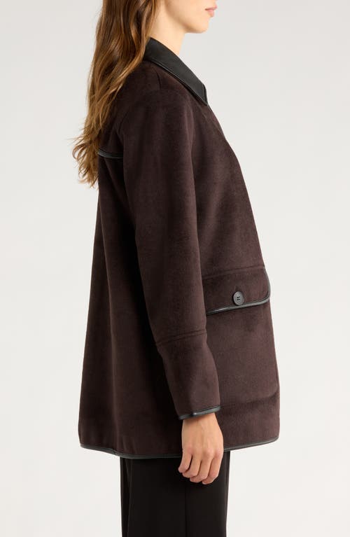 Bernardo Button Front Coat With Faux Leather Trim In Brown