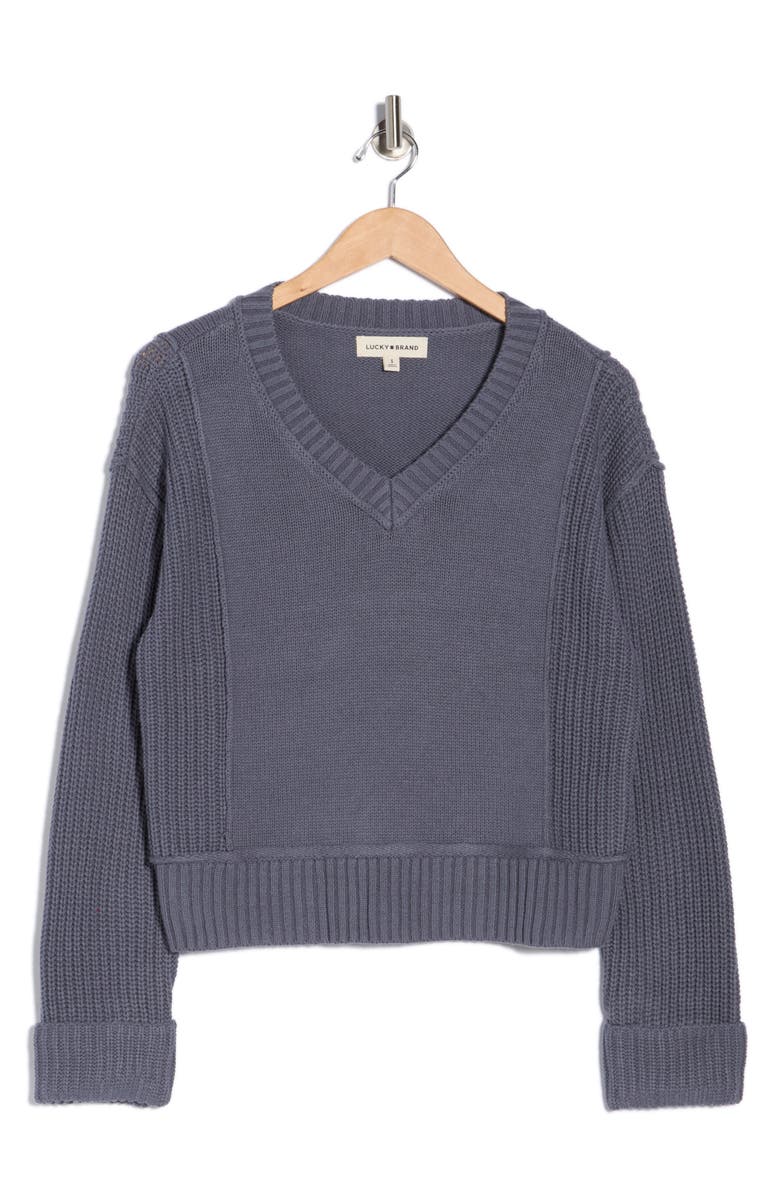 Lucky Brand Textured V-Neck Sweater, Alternate, color, Grisaille