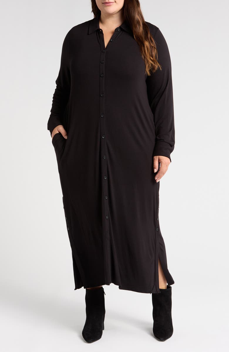 Universal Standard Sally Long Sleeve Liquid Jersey Shirtdress, Main, color, Black