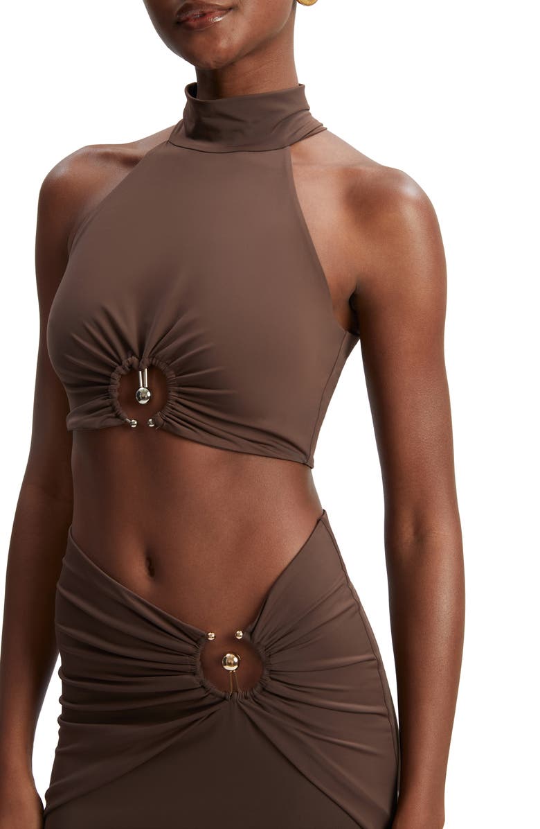 Bardot Neve Cutout Mock Neck Crop Top, Alternate, color, Chocolate
