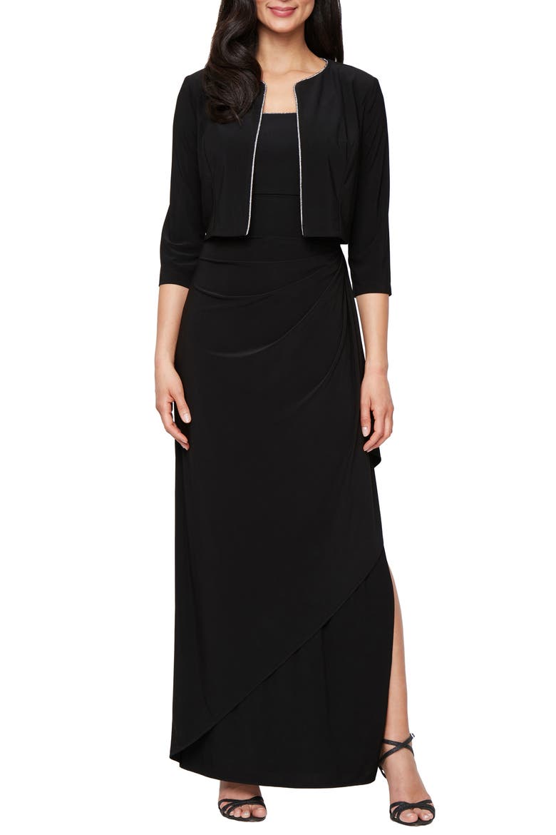 Empire Waist Matte Jersey Gown with Jacket, Main, color, BLACK
