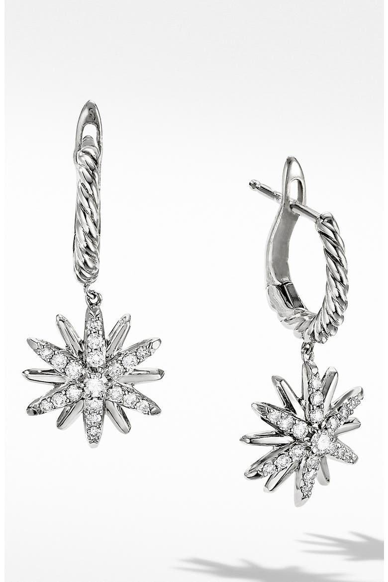 Starburst Pavé Diamond Drop Earrings, Main, color, DIAMOND/ SILVER
