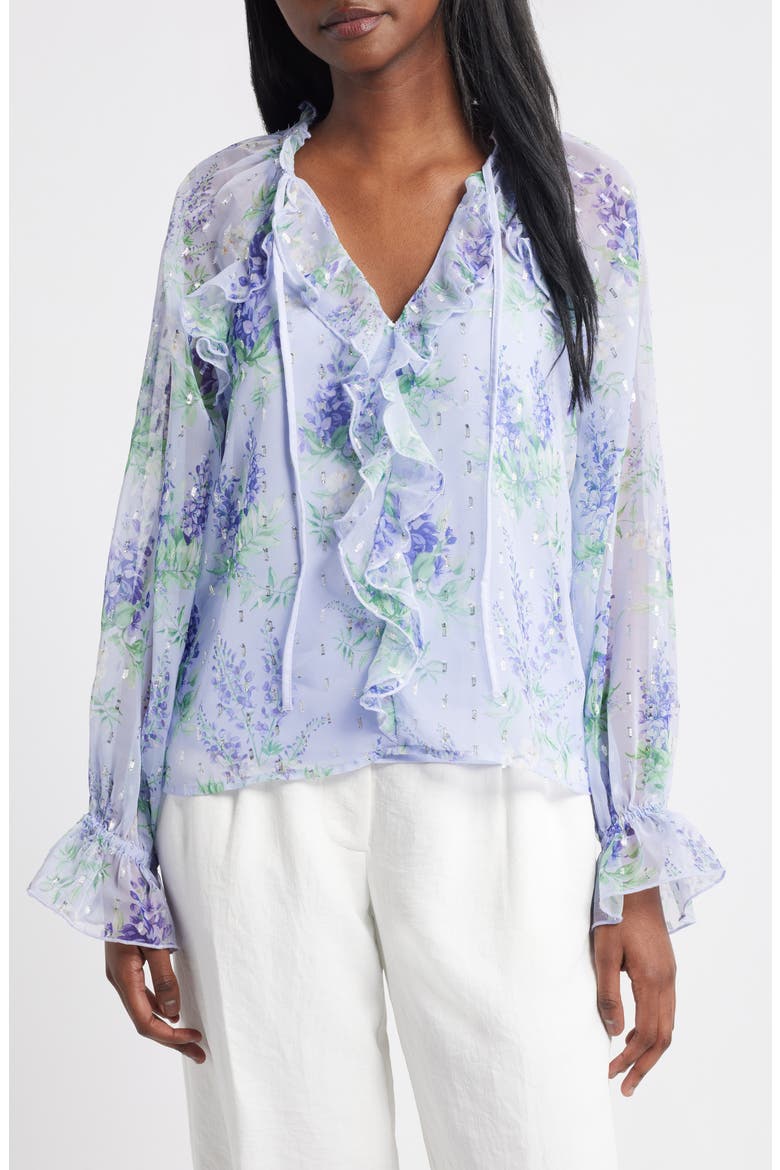 Floral Ruffle Clip Dot Chiffon Top, Main, color, GREEN