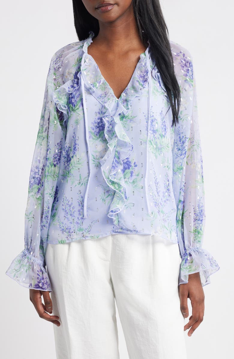 Lipsy Floral Ruffle Clip Dot Chiffon Top, Main, color, Green