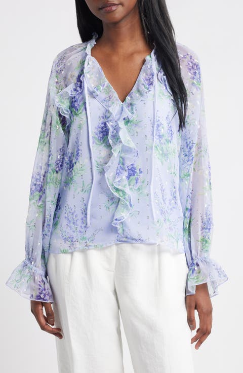 Floral Ruffle Clip Dot Chiffon Top