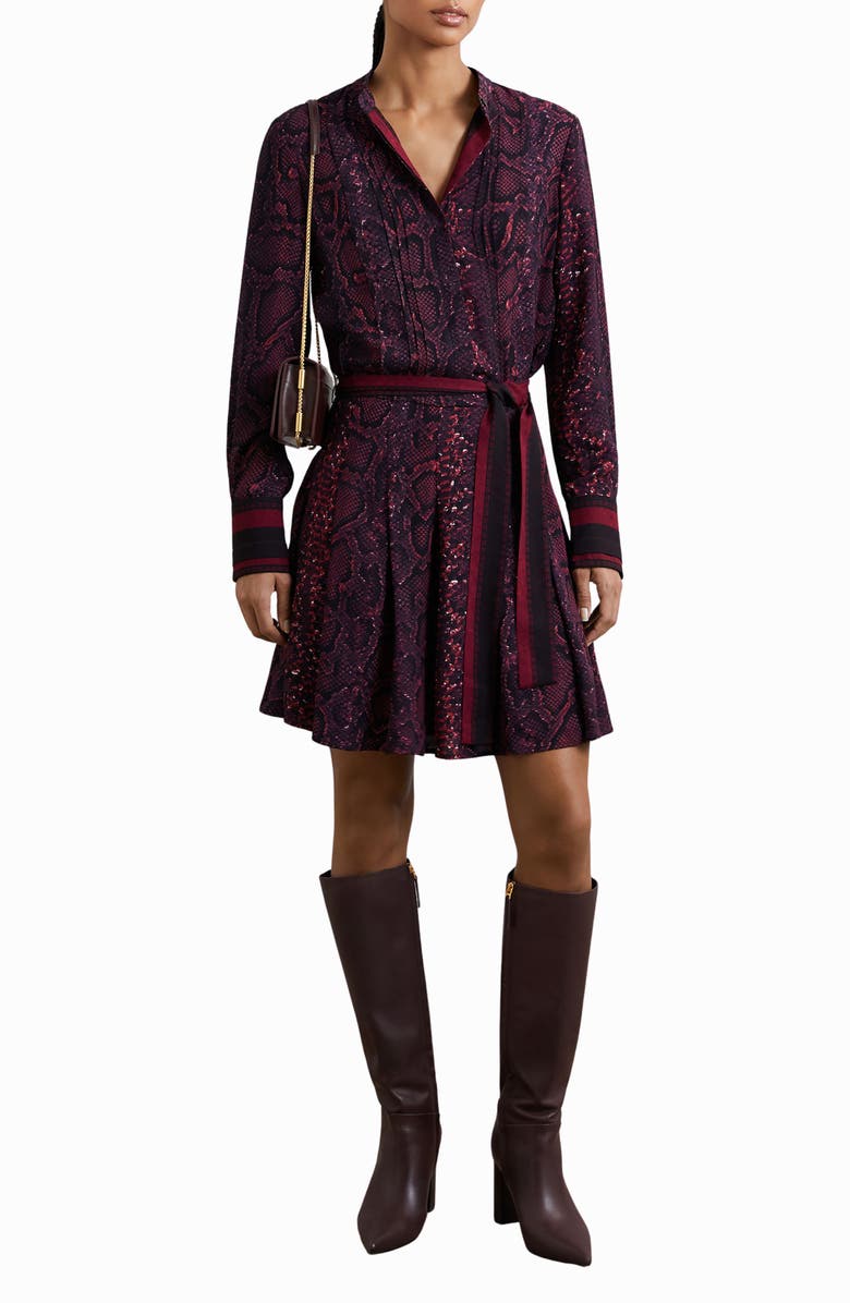 Reiss Aurora Snake Print Long Sleeve Shirtdress, Main, color, Burgundy/Black