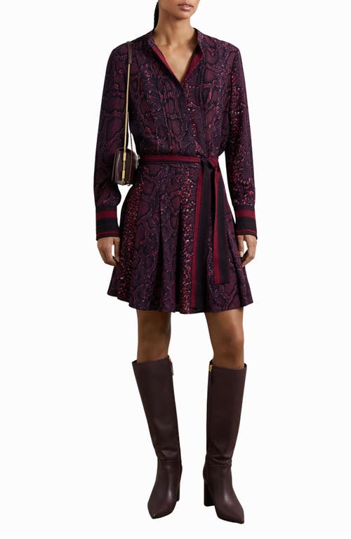Reiss Womens Burgundy Black Daria Snake-print Belted-waist Woven Midi Dress In Purple