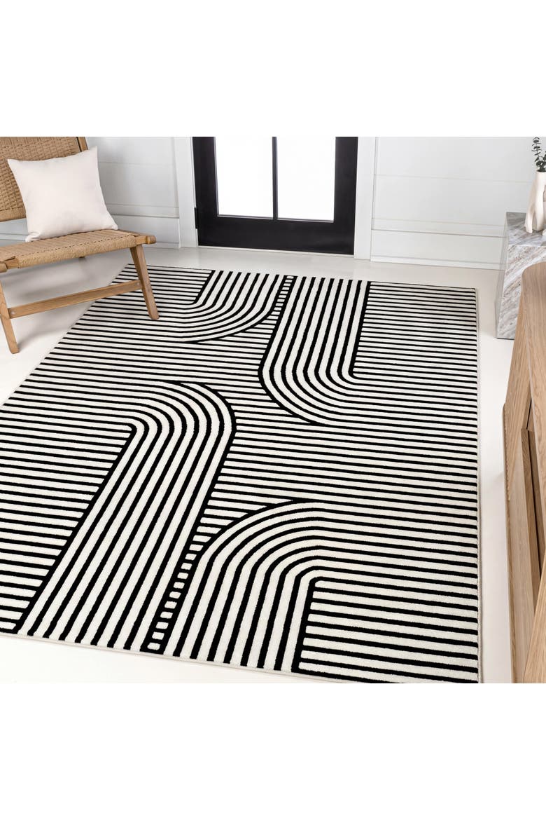 Anders High-Low MidCentury Modern Arch Stripe Two-Tone Indoor/Outdoor Area Rug, Alternate, color, Black/White