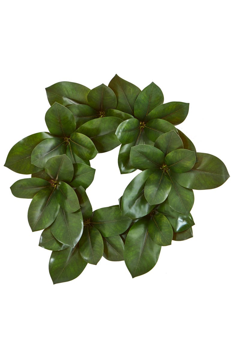NEARLY NATURAL 22-in Magnolia Leaf Artificial Wreath, Main, color, Green