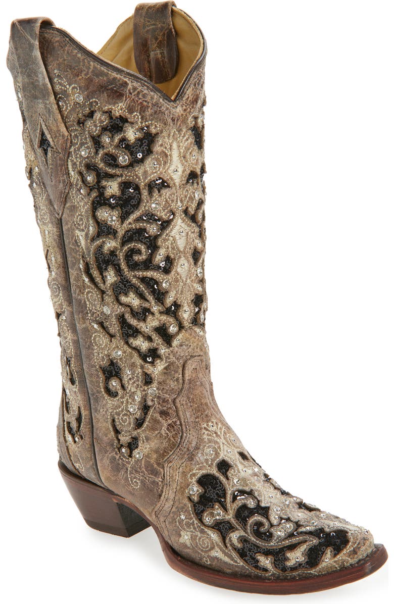 CORRAL Sequin Mid Calf Western Boot, Main, color, Brown