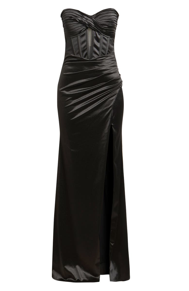 Emerald Sundae Ruched Corset Strapless Gown, Alternate, color, Black