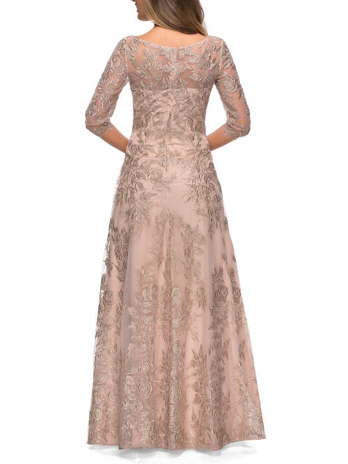 La Femme Long Lace A-line Three Quarter Sleeve Gown In Champagne