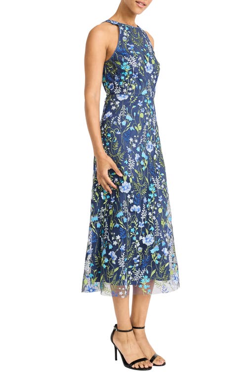 Maggy London Embroidered Floral Halter Neck Dress In Blue/green