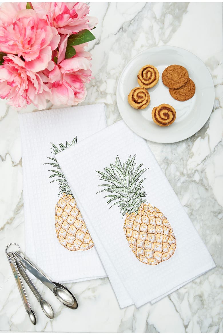 Tropical Pineapple Embroidered Waffle Weave Kitchen Dishtowel, Alternate, color, White