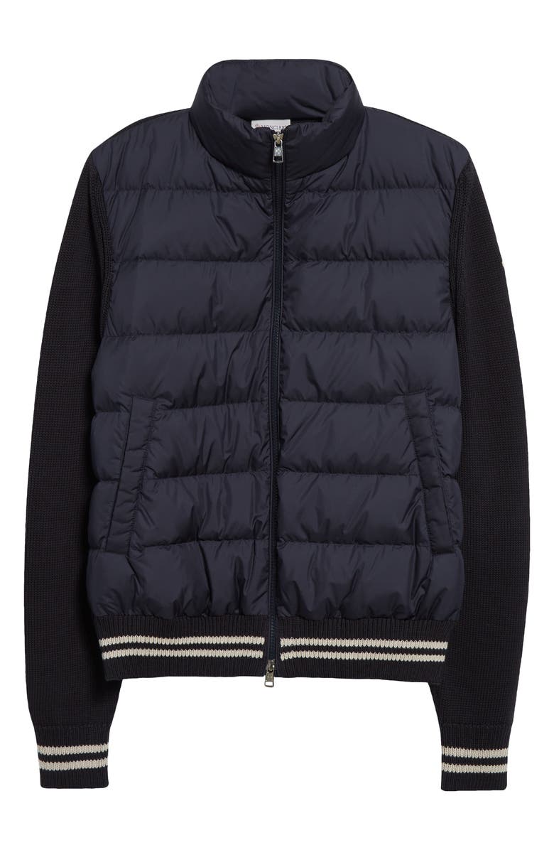 Moncler Quilted Down & Cotton Knit Cardigan, Alternate, color, Blue