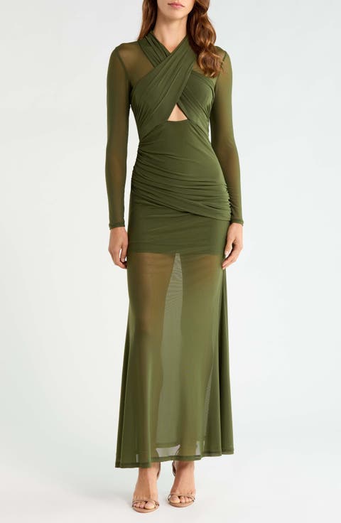 Veria Long Sleeve Wrap Mesh Maxi Dress