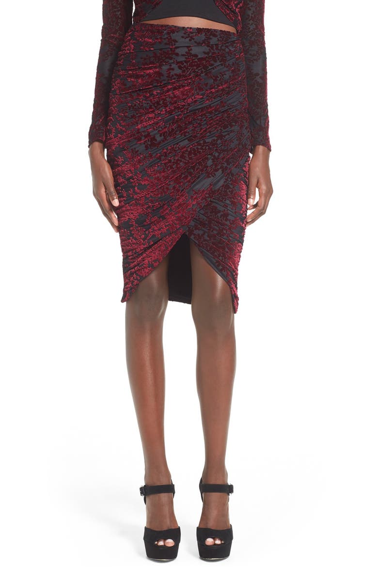 Velvet Ruched Wrap Front Skirt, Main, color, BURGUNDY