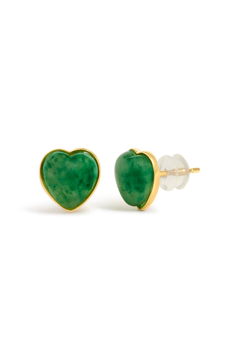 18K Yellow Gold 9x8 MM Bezel Set Green Jade Heart Stud Earrings, Alternate, color, Yellow Gold