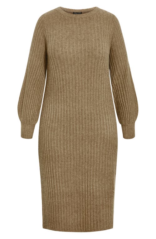 City Chic Saskia Long Sleeve Rib Sweater Dress In Mocha