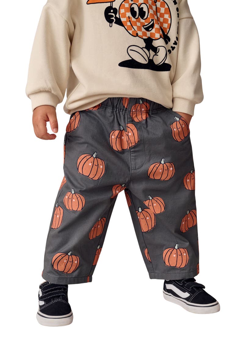 Kids' Pumpkin Print Pull-On Cotton Pants, Alternate, color, BLACK