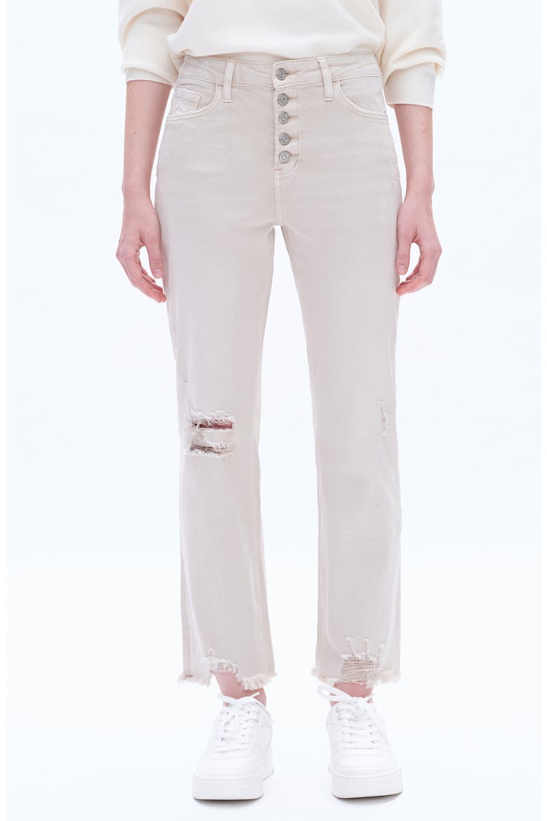 High Waist Ripped Chew Hem Straight Leg Jeans, Main, color, OYSTER