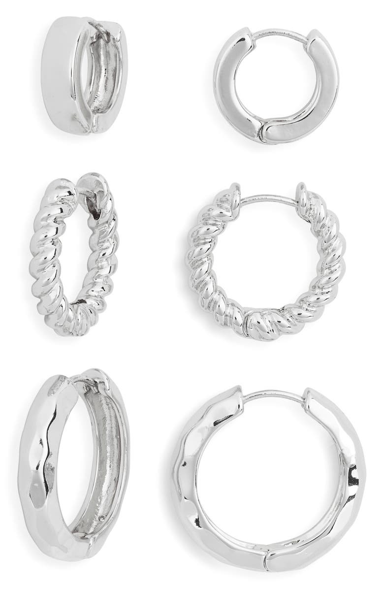 NORDSTROM RACK 3-Pack Assorted Essential Huggie Hoop Earrings, Alternate, color, Silver