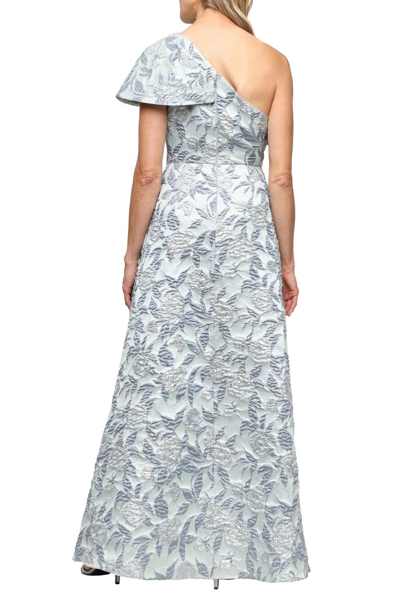 Alex Evenings One-Shoulder Floral Print Jacquard Gown, Alternate, color, Sage Multi