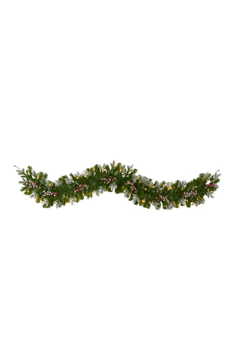 NEARLY NATURAL 6-ft Snow Tipped Artificial Christmas Garland with 50 Warm White LED Lights and Berries, Main, color, Green