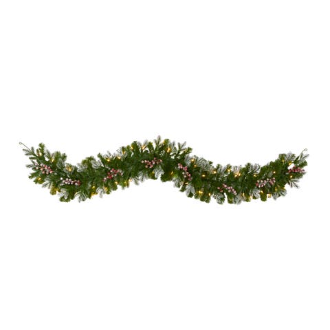 6-ft Snow Tipped Artificial Christmas Garland with 50 Warm White LED Lights and Berries