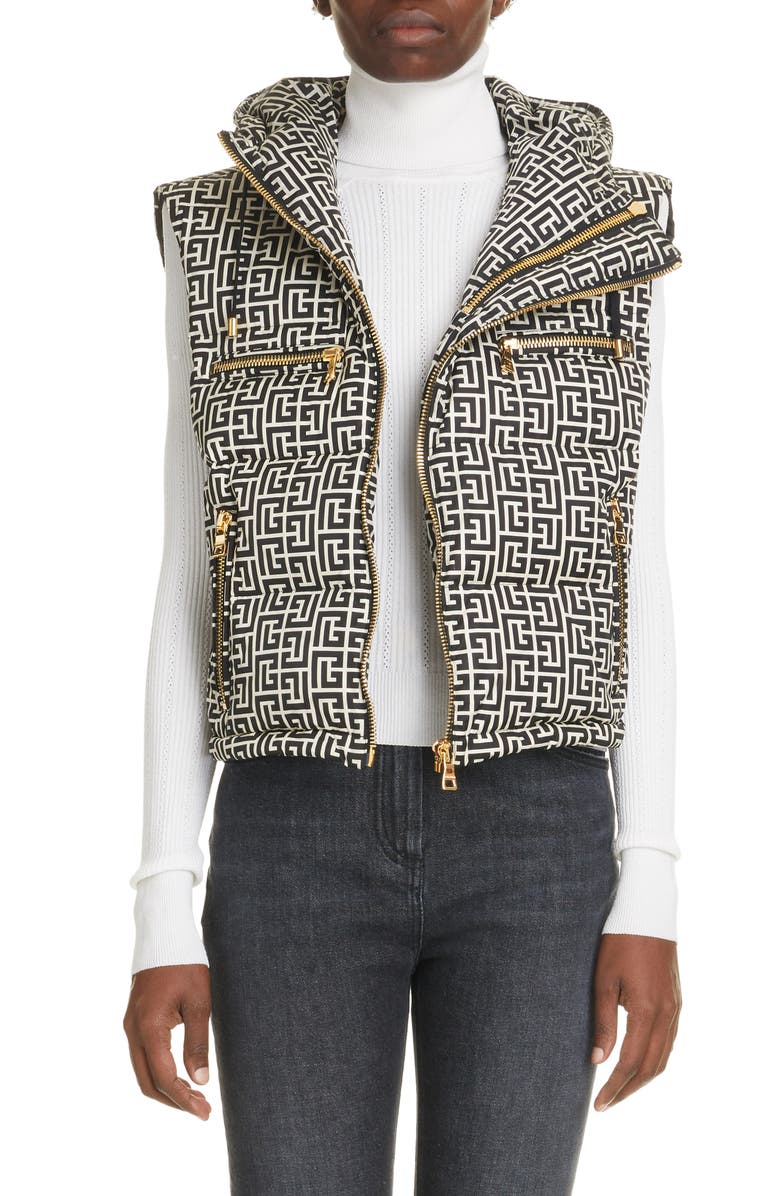 Balmain Logo Monogram Quilted Puffer Vest, Main, color, 