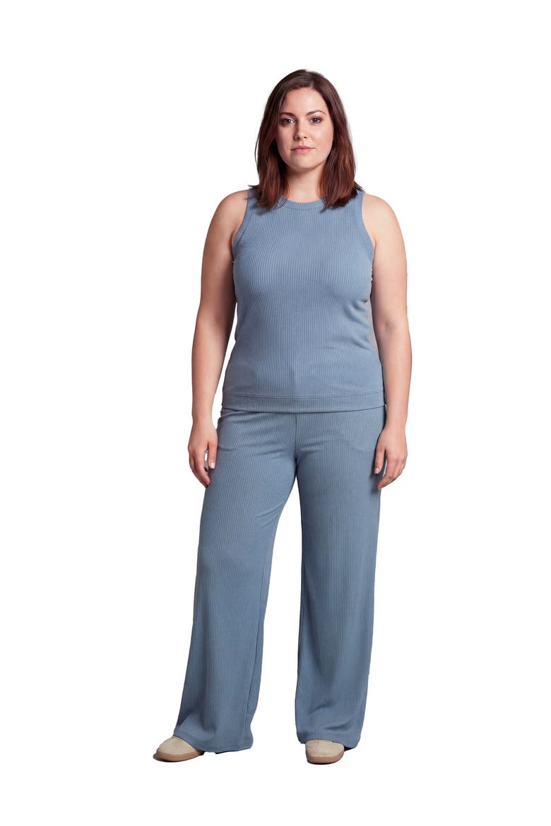Curvy Basic Ribbed Knit Tank Top and Elastic Waist Wide Leg Pant Set, Main, color, Denim