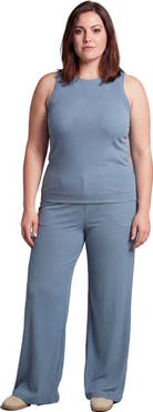24seven Comfort Apparel Curvy Basic Ribbed Knit Tank Top and Elastic Waist Wide Leg Pant Set