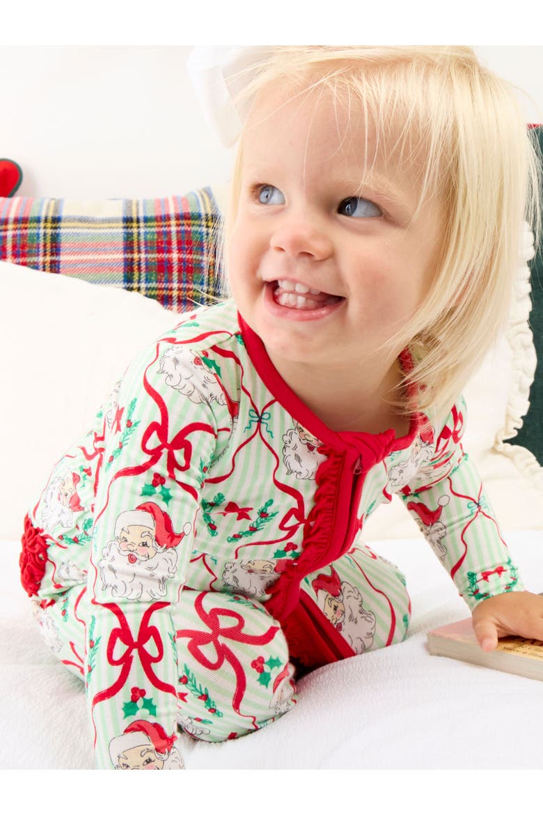 SoftSnooze Girls Holiday Ruffle One Piece Footie Pajamas, Alternate, color, Green Stripe Dear Santa