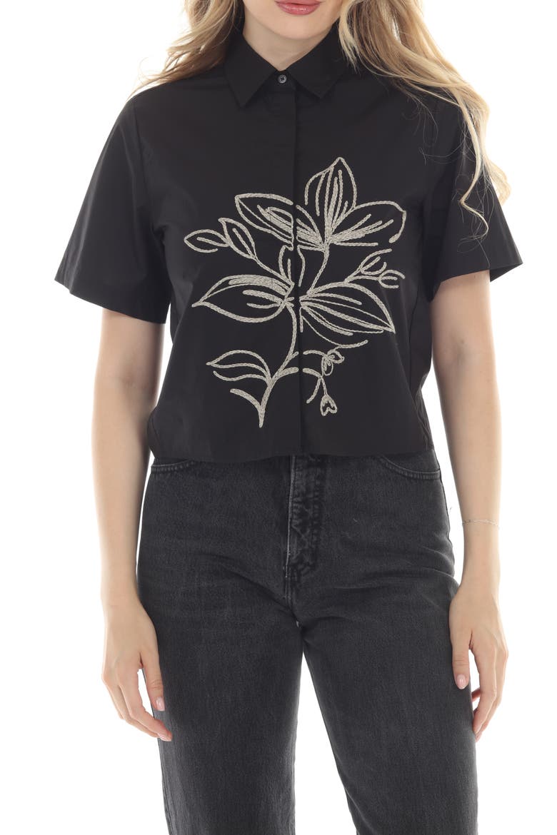 Embroidered Floral Button-Up Shirt, Main, color, BLACK