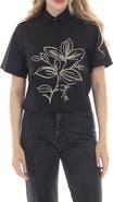 RAIN AND ROSE Embroidered Floral Button-Up Shirt