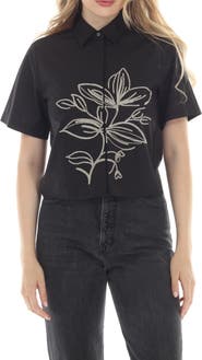 RAIN AND ROSE Embroidered Floral Button-Up Shirt