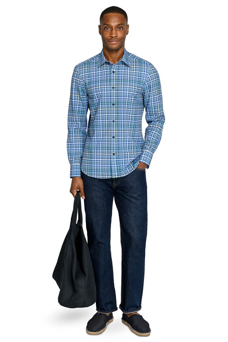 Slim Fit Multi Plaid Woven Long Sleeve Basic Shirt, Alternate, color, NAVY/GREEN