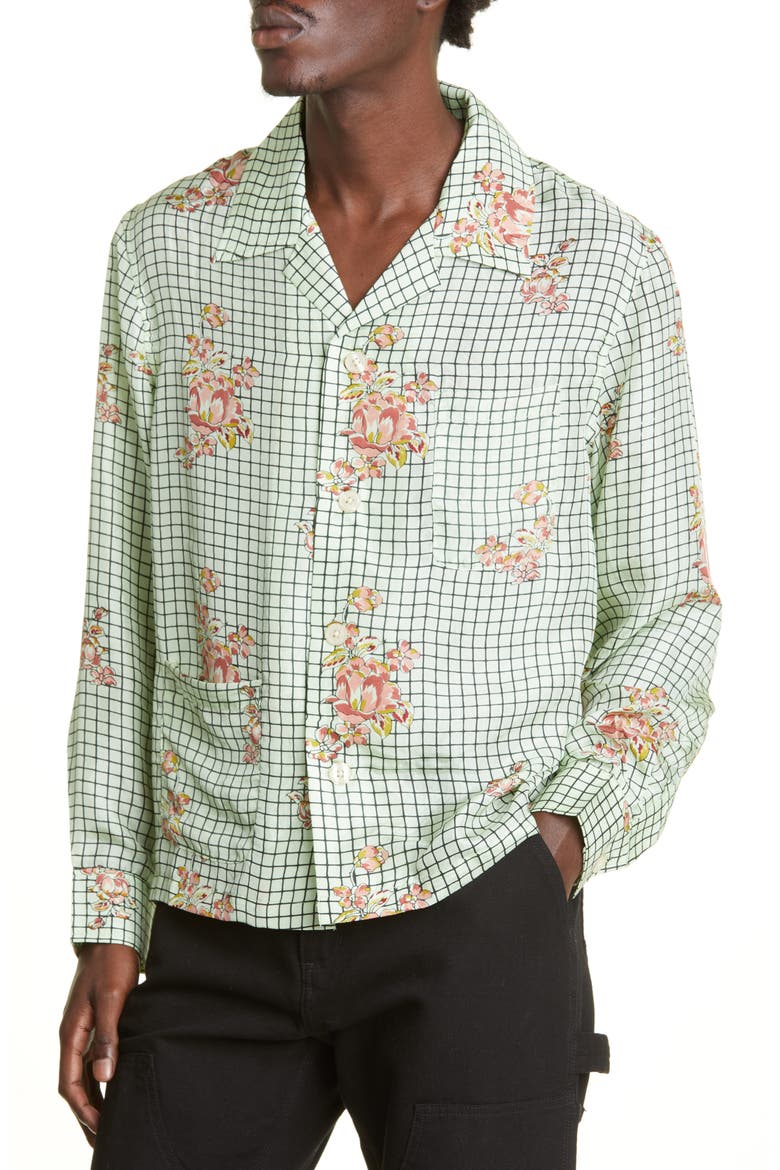 Mint Grid Floral Silk Button-Up Camp Shirt, Alternate, color, MINT MULTI