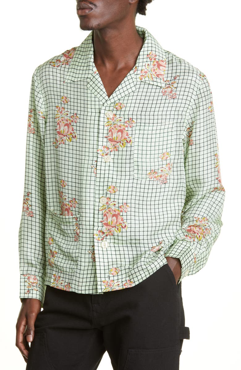 Bode Mint Grid Floral Silk Button-Up Camp Shirt, Alternate, color,