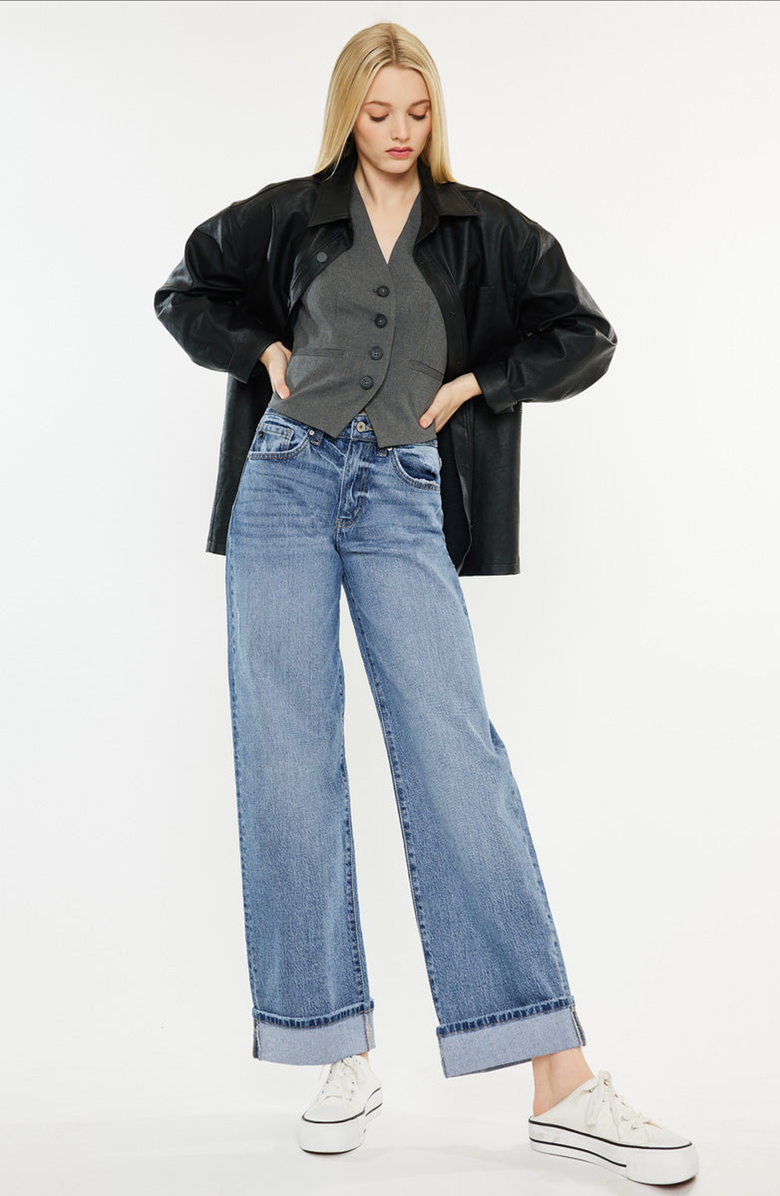 KanCan Kolbie High Rise Cuffed Wide Leg Jeans, Alternate, color, Medium Wash