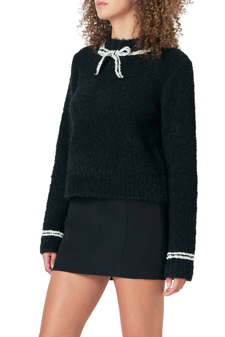 Bow Accent Bouclé Sweater, Alternate, color, BLACK