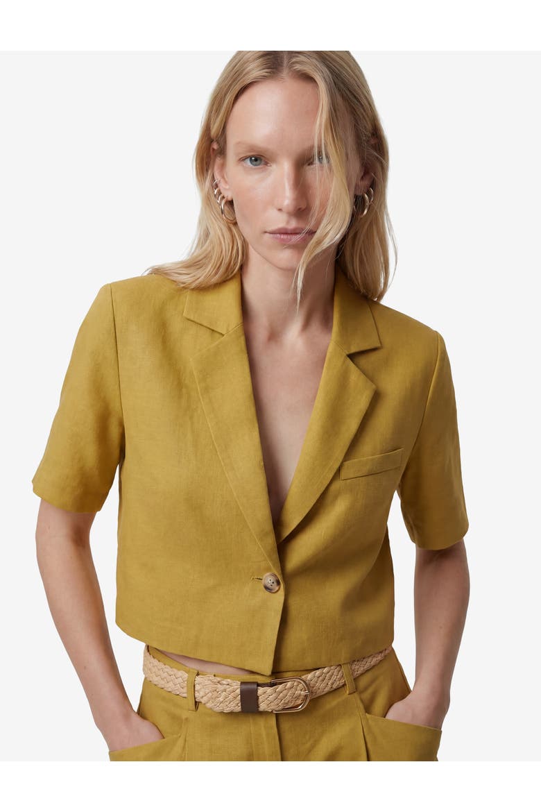 Linen Blend Short Sleeve Notched Collar Cropped Blazer, Alternate, color, KHAKI