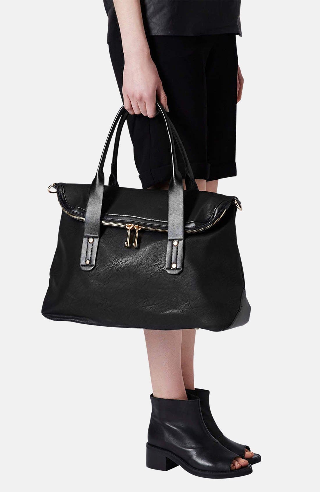 Foldover Faux Leather Holdall Bag, Alternate, color, BLACK